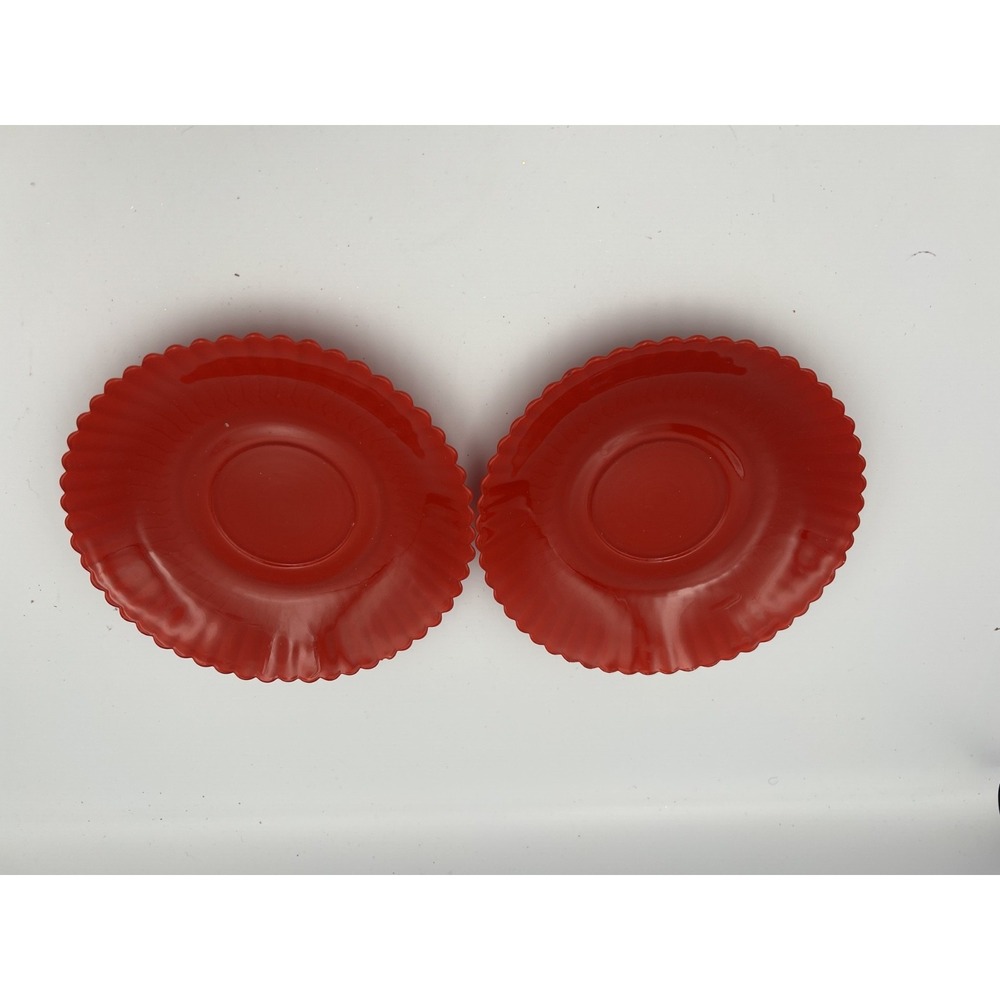 VTG Ruby Stained Pressed Glass Plates Scalloped Fluted Diamond Pattern Set of 2